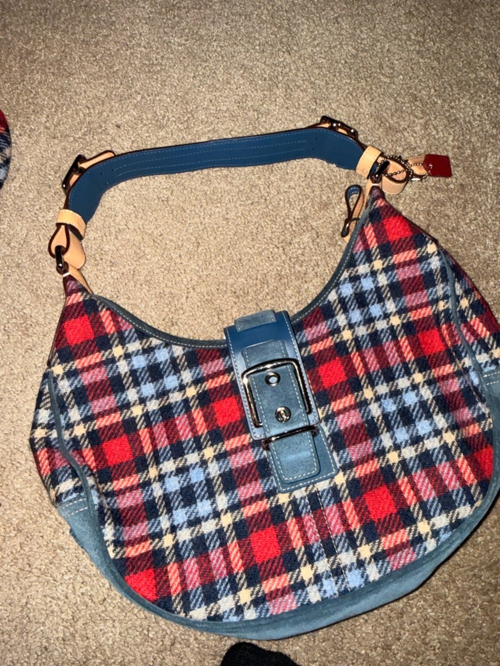 SUPER RARE Coach Plaid Hat & Shoulder Bag Set - Blue, Red, Cream - Picture 3 of 9
